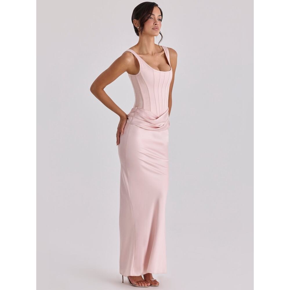 House of CB Kira Blush Pink Satin Gathered Maxi Dress XS - Picture 10 of 13
